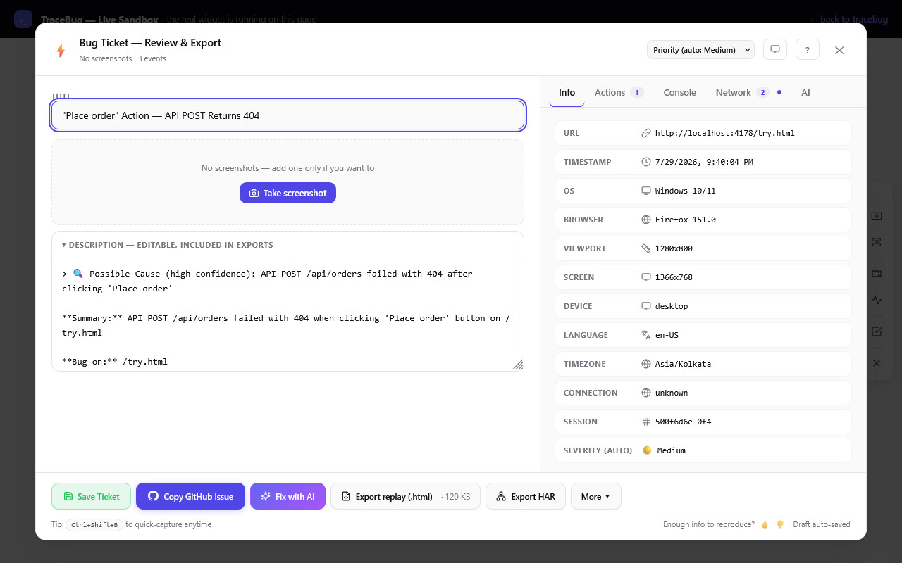 The captured ticket: auto-titled with the failing request, console, network, and repro timeline attached