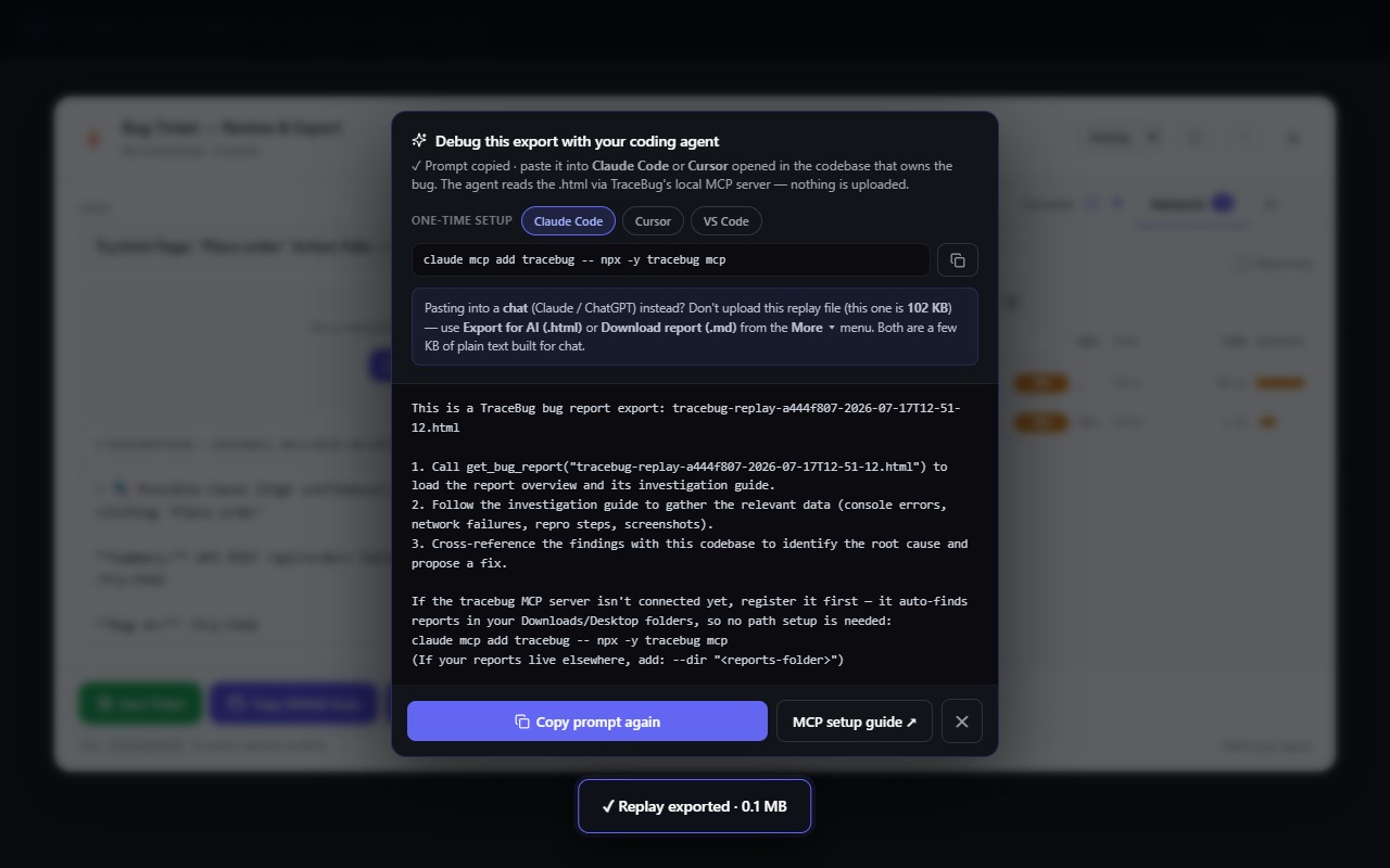 After export, the hand-off card gives you the exact prompt to paste into Cursor